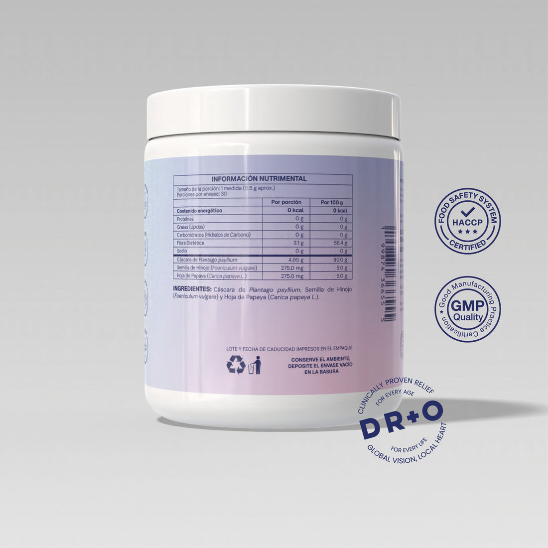 Fibra DR+O polvo de fibra soluble natural — frasco 165g con Psyllium Plantago, Hoja de Papaya y Semilla de Hinojo